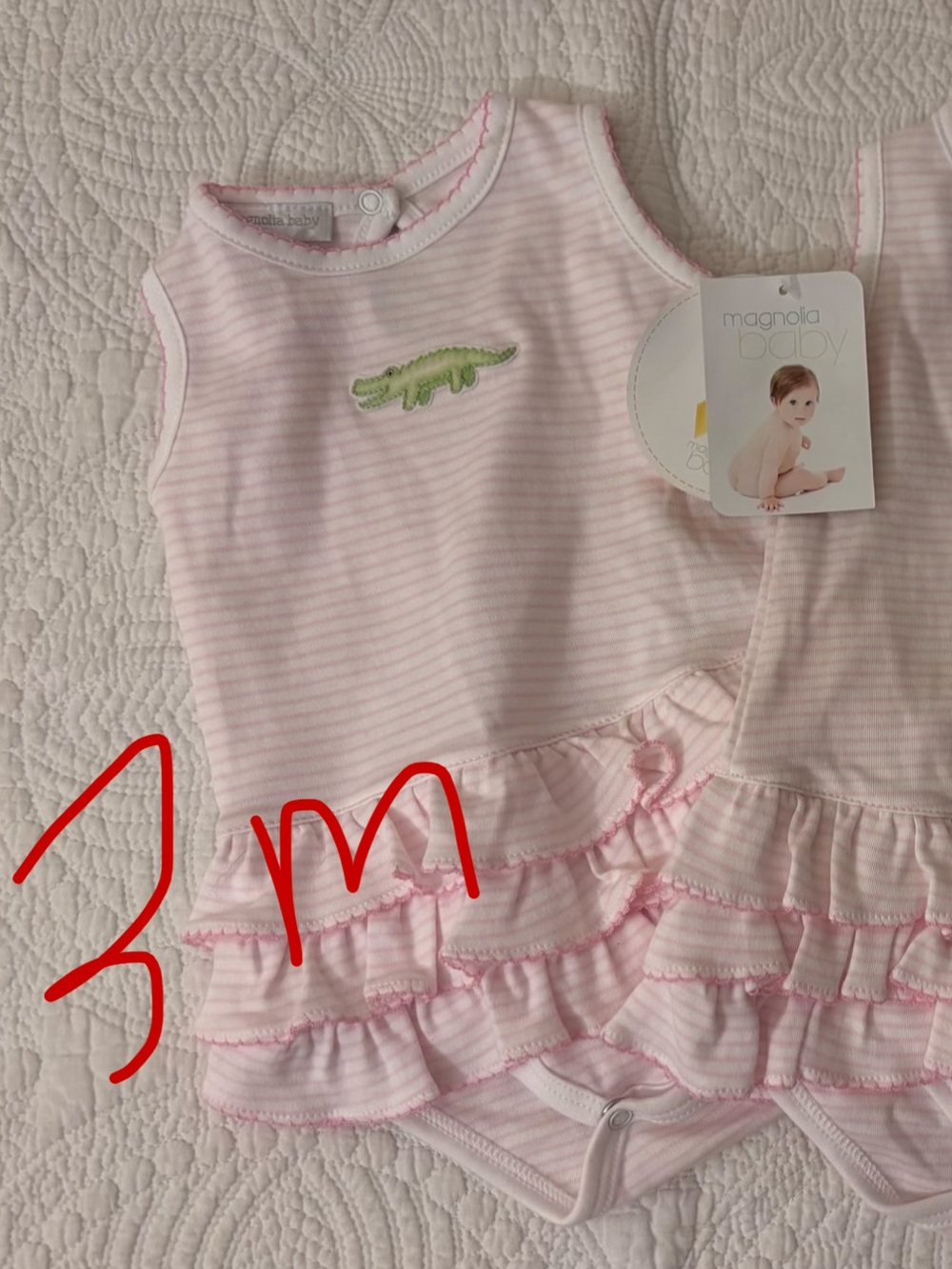 Magnolia Baby Pink Striped Ruffle Diaper Cover with Green Crocodile